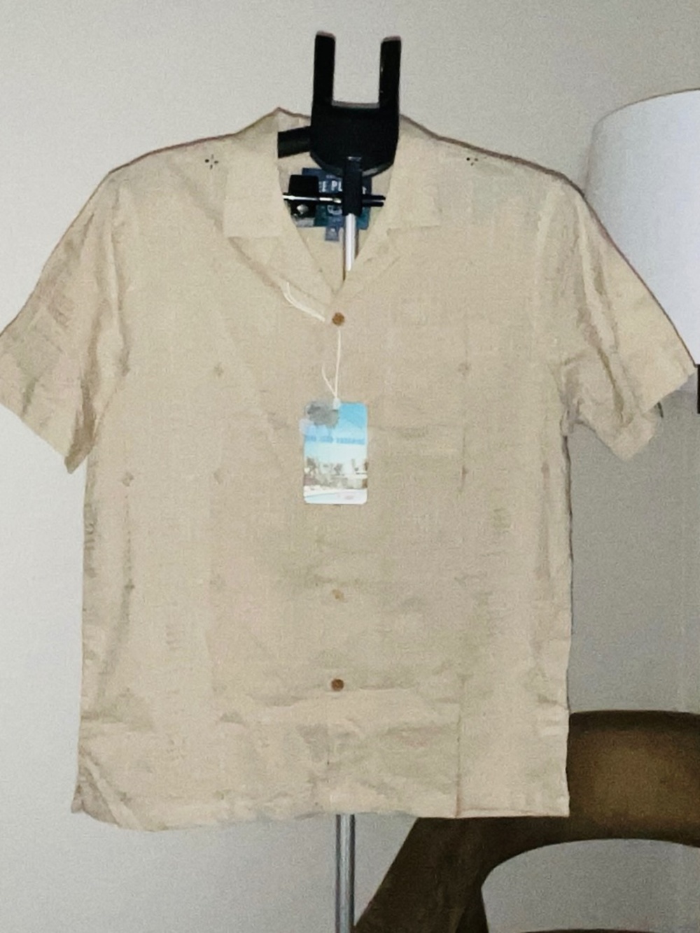 Free Planet Short Sleeve 100% Cotton Button Down Shirt. TAN. Men’s MEDIUM. NWT